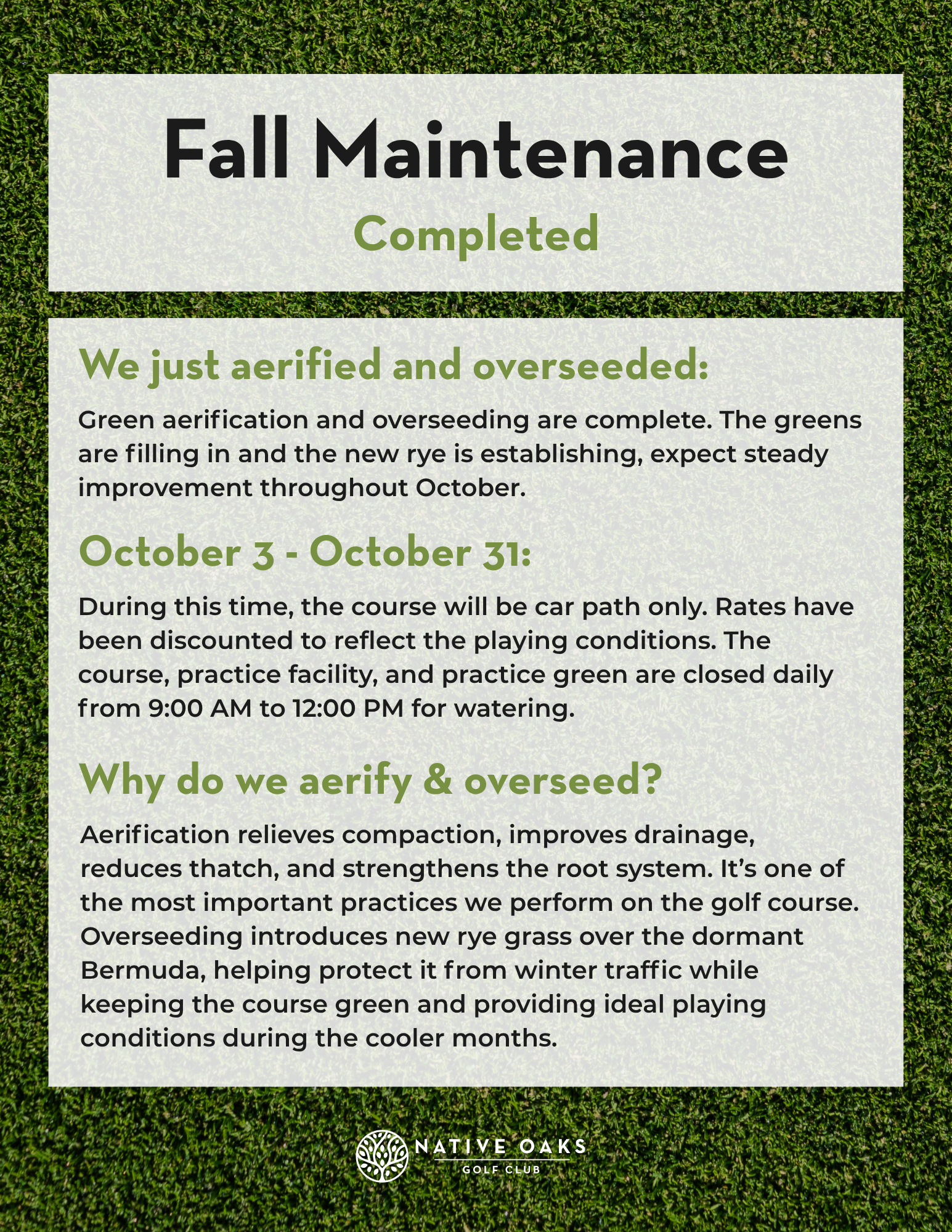 Fall Maintenance Graphic. Golf course closed September 28 - October 2