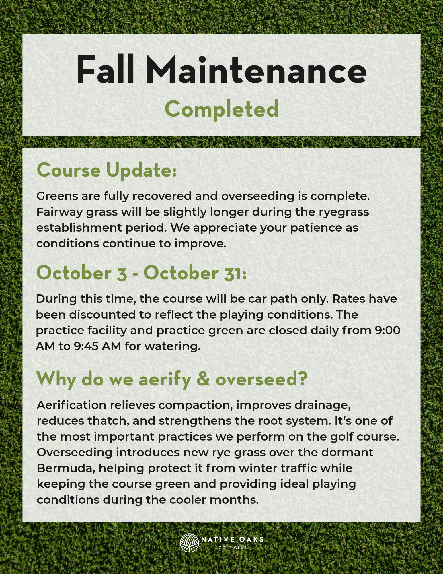Fall Maintenance Graphic. Golf course closed September 28 - October 2